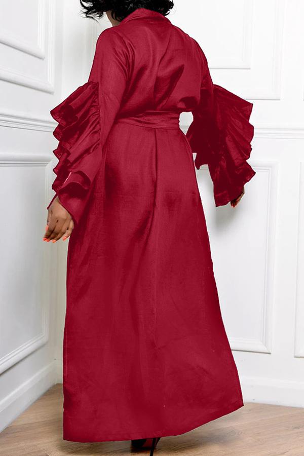 V-neck Solid Ruffle Sleeve Pocket Tie Maxi Dress  Fashionpara