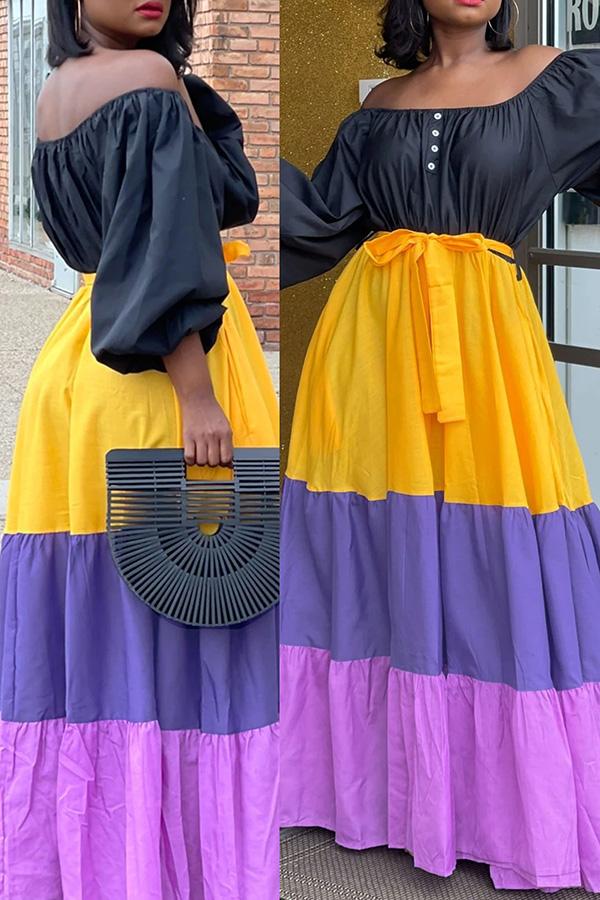 Off Shoulder Colorblock Stitching Tiered Plus Size Maxi Dress  Fashionpara