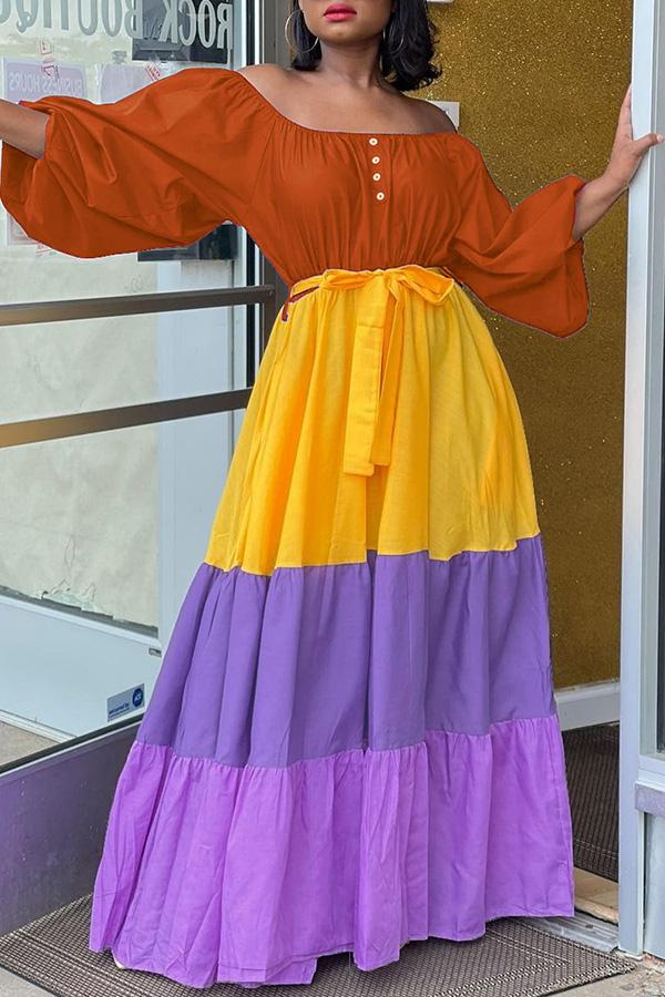 Off Shoulder Colorblock Stitching Tiered Plus Size Maxi Dress  Fashionpara