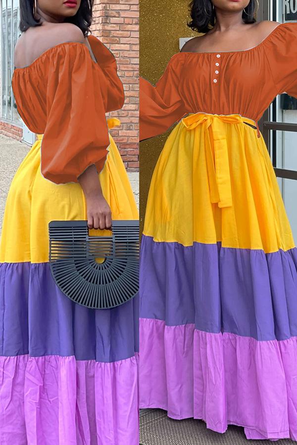 Off Shoulder Colorblock Stitching Tiered Plus Size Maxi Dress  Fashionpara