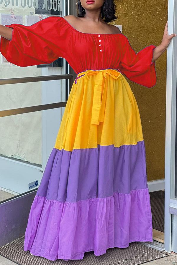 Off Shoulder Colorblock Stitching Tiered Plus Size Maxi Dress  Fashionpara