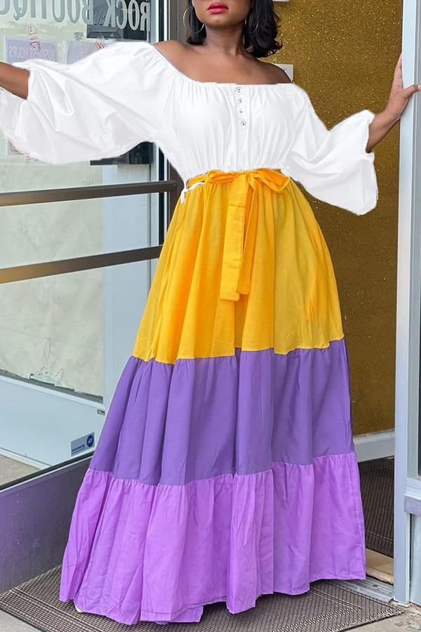 Off Shoulder Colorblock Stitching Tiered Plus Size Maxi Dress  Fashionpara