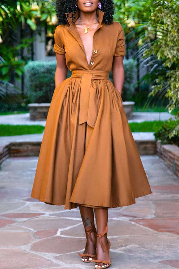 Solid Shirt Collar Button Tie Waist Midi Dress  Fashionpara