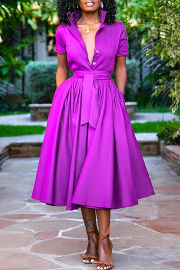 Solid Shirt Collar Button Tie Waist Midi Dress  Fashionpara