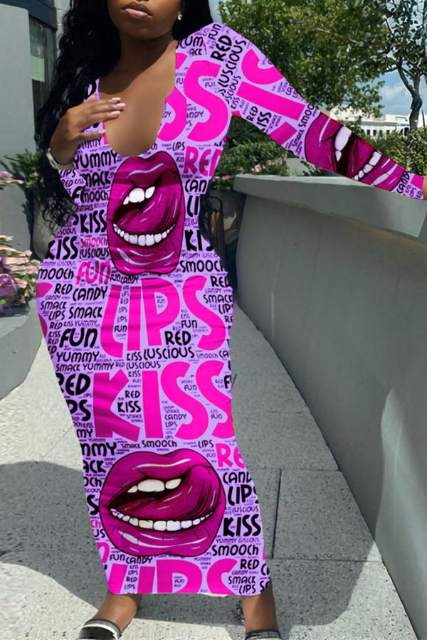 Pretty Lip Print U Collar Long Sleeve Maxi Dress  Fashionpara