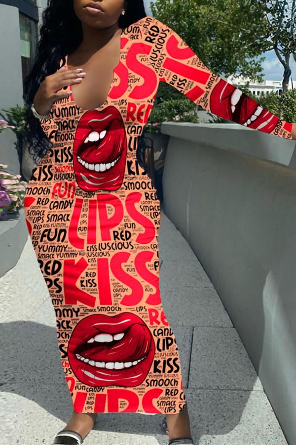 Pretty Lip Print U Collar Long Sleeve Maxi Dress  Fashionpara