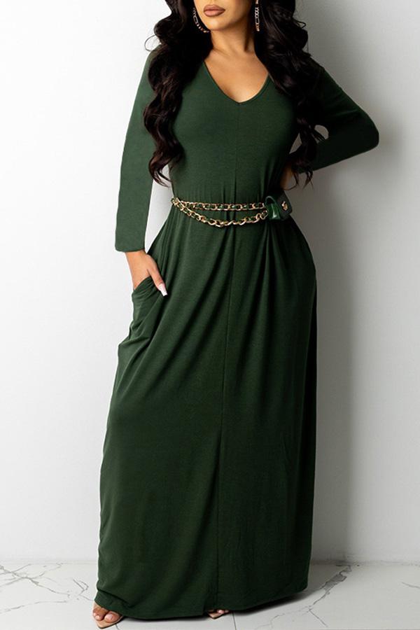 Pretty V-neck Long Sleeve Pocket Plus Size Maxi Dress（Without Belt）  Fashionpara