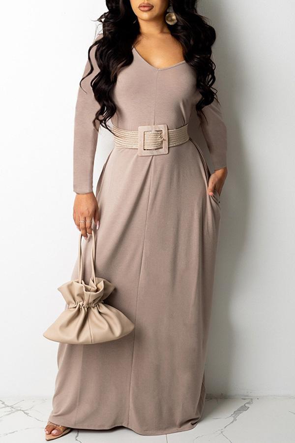 Pretty V-neck Long Sleeve Pocket Plus Size Maxi Dress（Without Belt）  Fashionpara