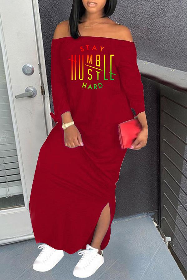 Colorful Letter Off Shoulder Side Slit Maxi Dress  Fashionpara