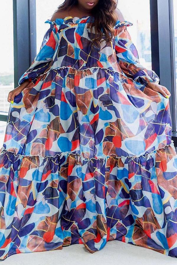 Fashion Print Off Shoulder Plus Size Ruffled Maxi Dress  Fashionpara