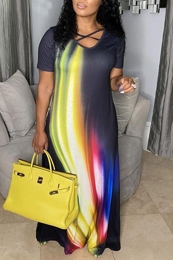 Fashion Print Cross Front Short Sleeve Maxi Dress  Fashionpara