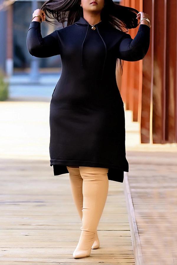 Solid Hooded Drawstring Long Sleeve Dress  Fashionpara