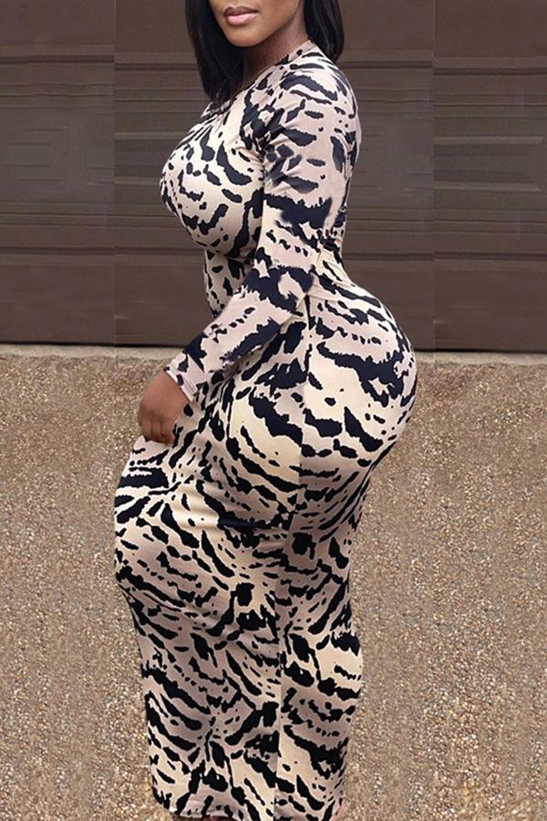 Round Neck Animal Print Long Sleeve Maxi Dress  Fashionpara