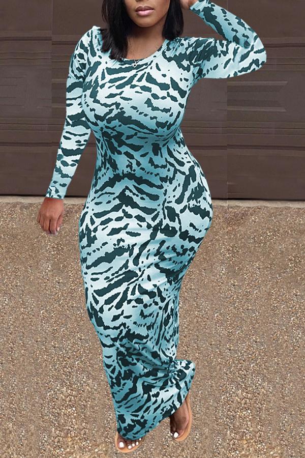 Round Neck Animal Print Long Sleeve Maxi Dress  Fashionpara