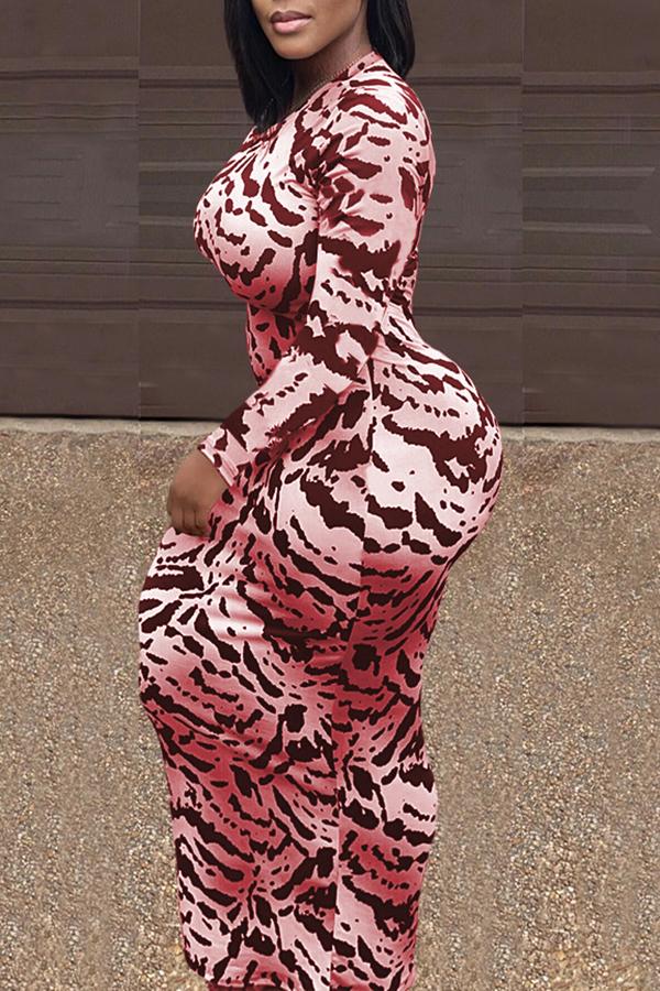 Round Neck Animal Print Long Sleeve Maxi Dress  Fashionpara