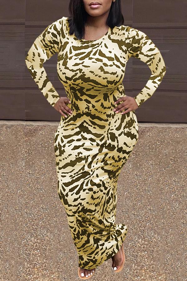 Round Neck Animal Print Long Sleeve Maxi Dress  Fashionpara