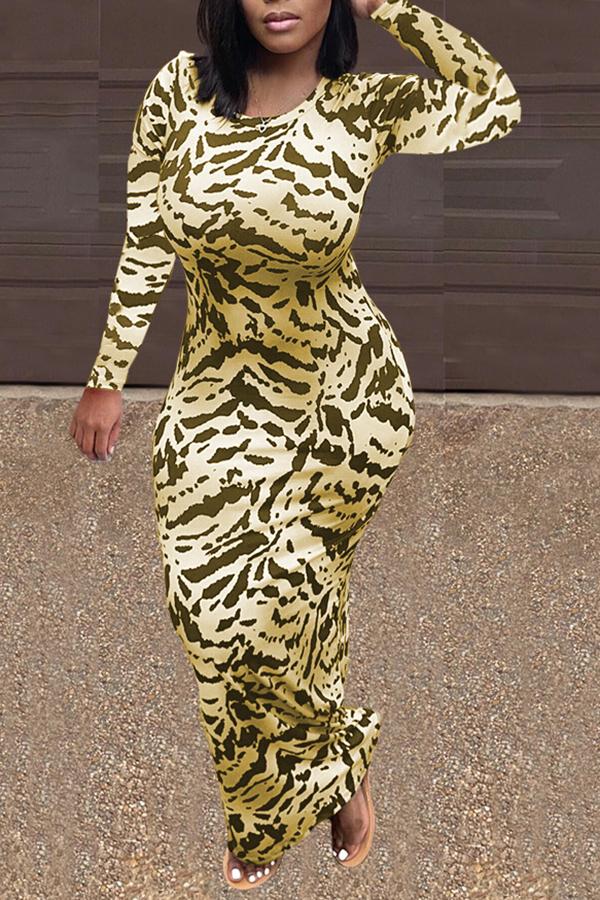 Round Neck Animal Print Long Sleeve Maxi Dress  Fashionpara
