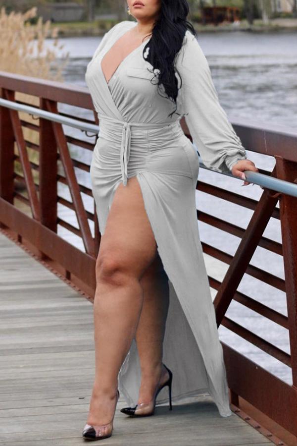 Plus Size V-neck Ruched Side Slit Maxi Dress  Fashionpara