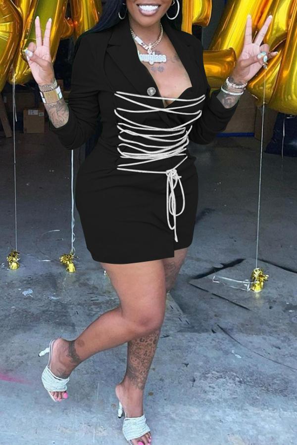 Solid Lace Up Lapel Long Sleeve Blazer Short Dress  Fashionpara