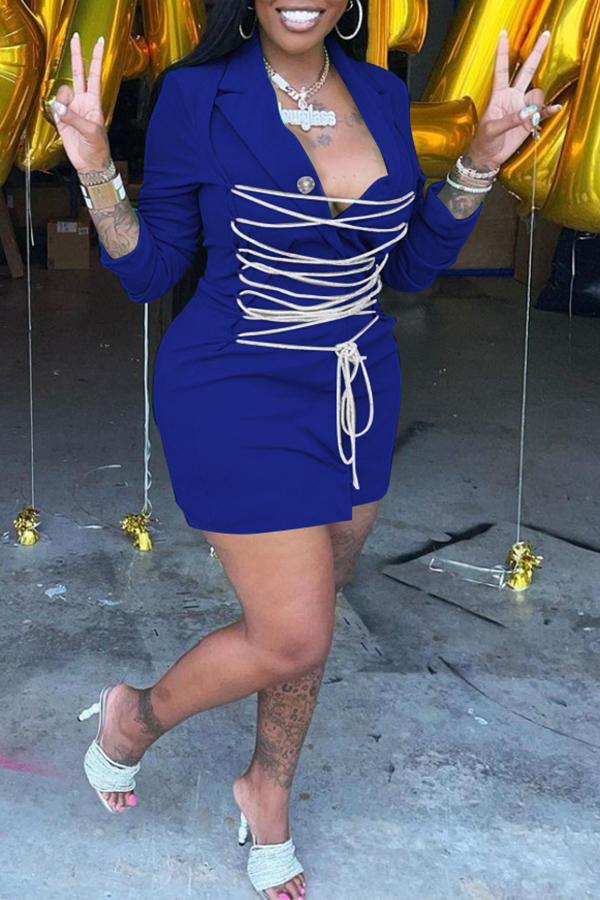Solid Lace Up Lapel Long Sleeve Blazer Short Dress  Fashionpara