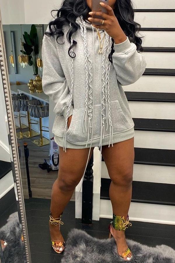 Handmade Tassel Hood Pocket Pullover Mini Dress  Fashionpara