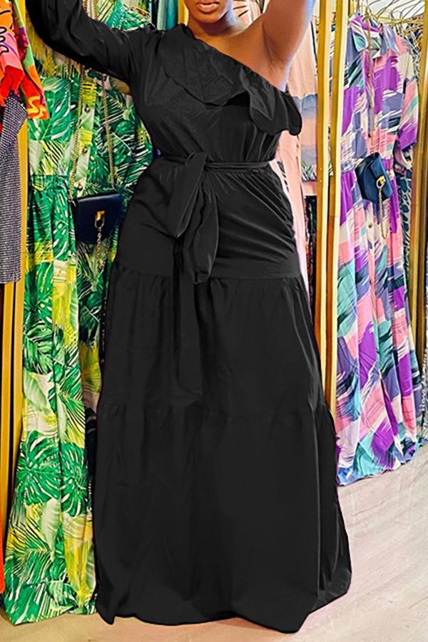 Ruffled One Sleeve Tie Waist Tiered Maxi Dress  Fashionpara