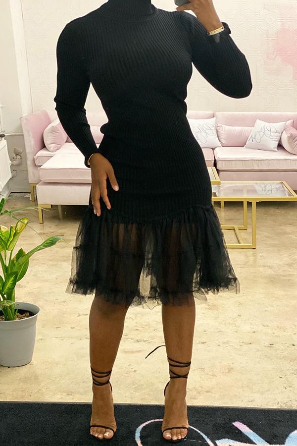Sweet High Neck Mesh Stitching Knit Midi Dress  Fashionpara
