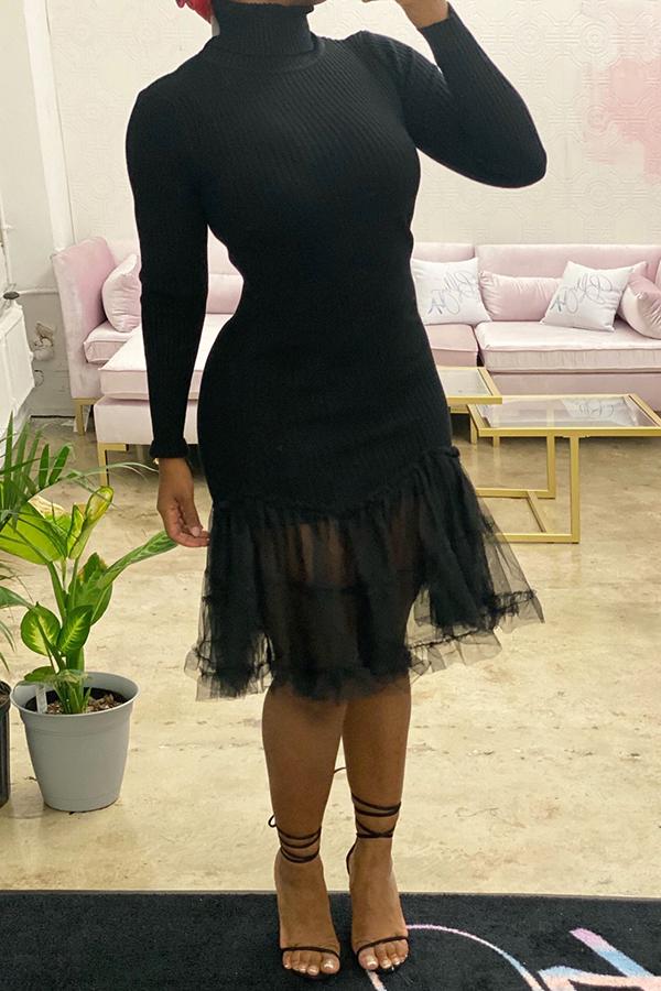 Sweet High Neck Mesh Stitching Knit Midi Dress  Fashionpara