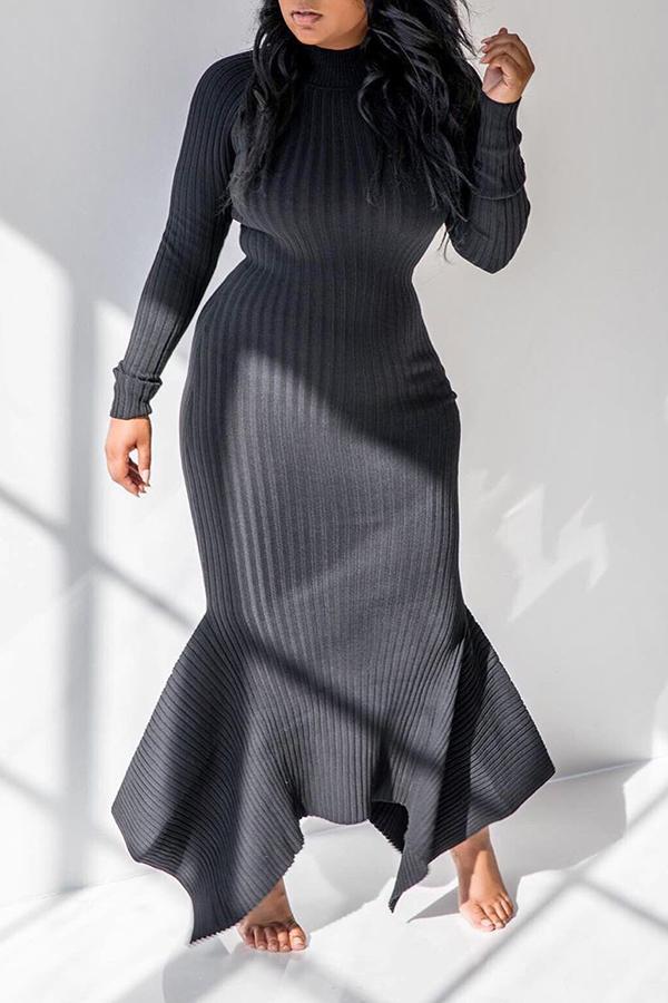 Pretty Solid High Neck Ruffle Knit Maxi Dress  Fashionpara