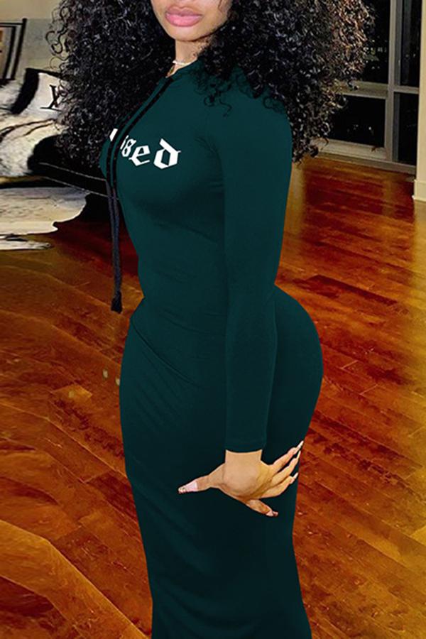 Fashion Print Drawstring Hood Ruched Maxi Dress  Fashionpara