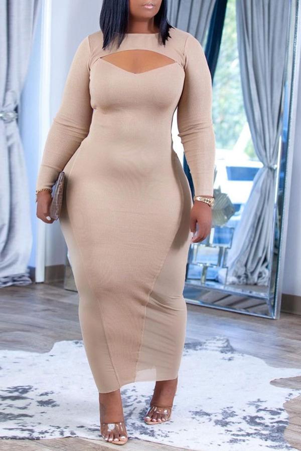 Round Neck Mesh Stitching Cutout Knit Maxi Dress  Fashionpara