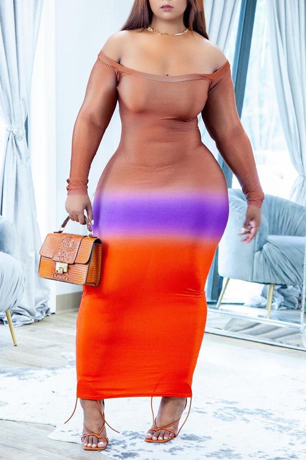 Gradient Off Shoulder Long Sleeve Maxi Dress  Fashionpara