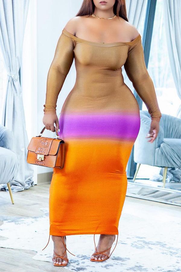 Gradient Off Shoulder Long Sleeve Maxi Dress  Fashionpara