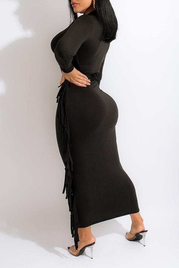 Pretty Solid Tassel Long Sleeve Plus Size Maxi Dress  Fashionpara