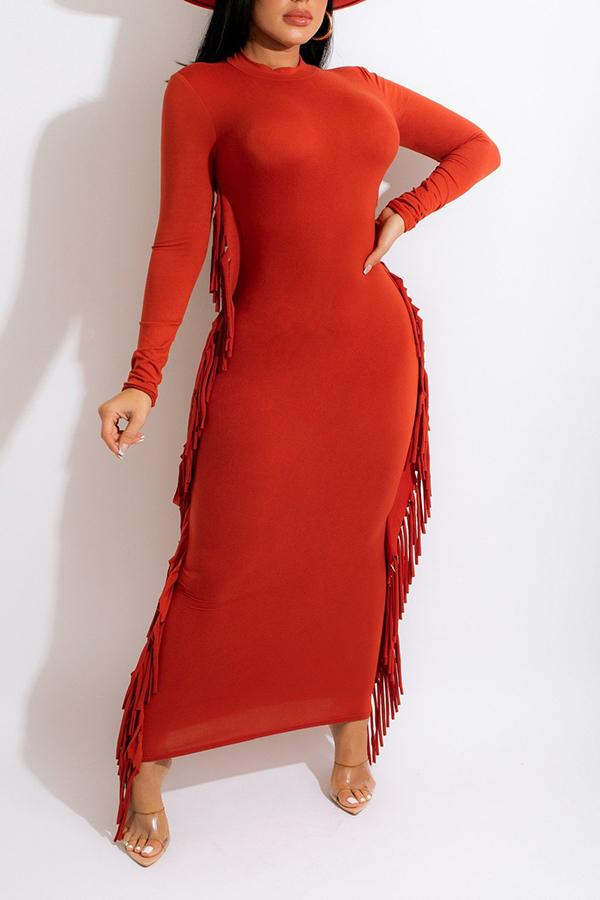 Pretty Solid Tassel Long Sleeve Plus Size Maxi Dress  Fashionpara