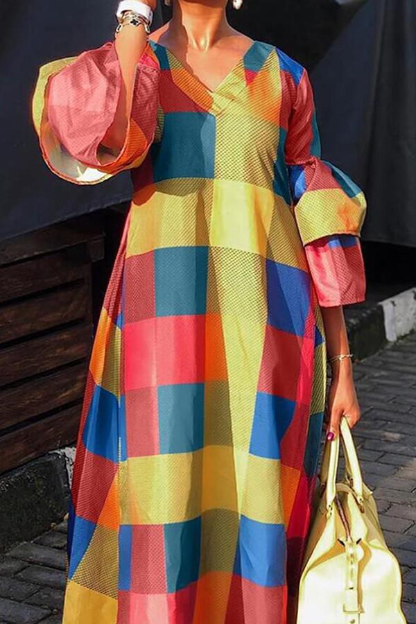 Multicolor Plaid Ruffle Sleeve Maxi Dress  Fashionpara