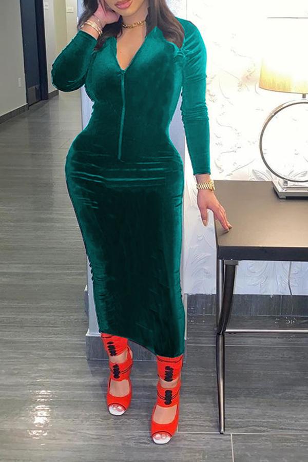 Stretchy Zip Collar Velvet Feminine Midi Dress  Fashionpara