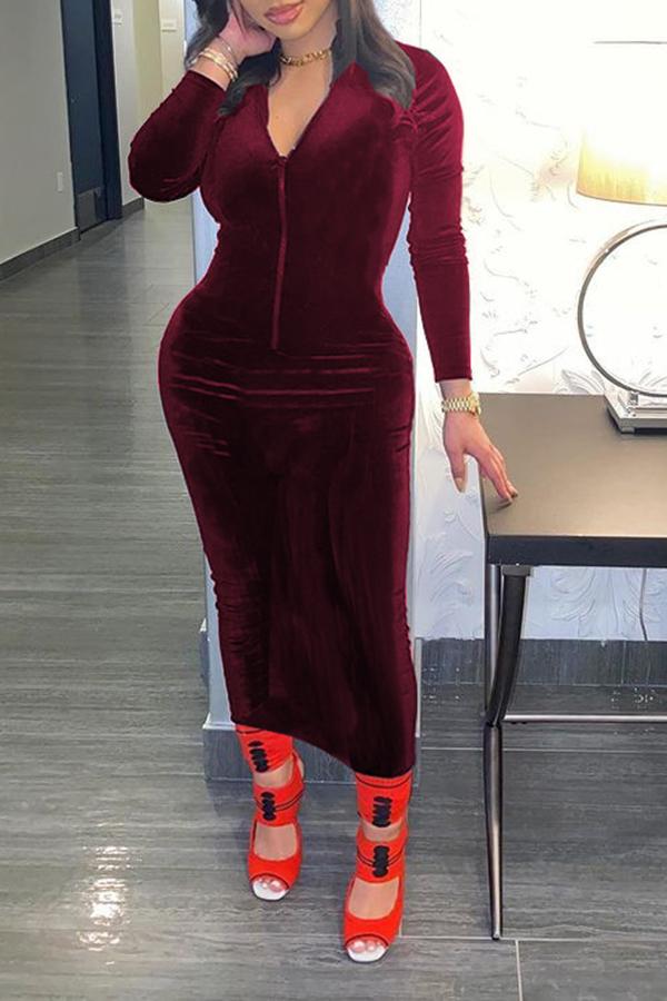 Stretchy Zip Collar Velvet Feminine Midi Dress  Fashionpara