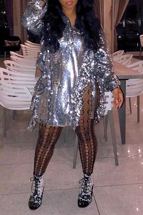 Sequin Agaric Lace Long Sleeve Slit Mini Dress  Fashionpara