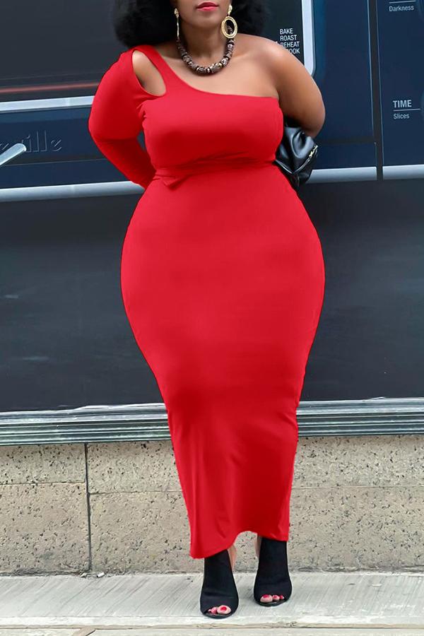 Plus Size One Sleeve Cutout Ribbon Maxi Dress  Fashionpara