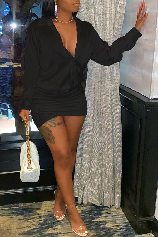 Feminine Satin Solid V-neck Shirt Mini Dress  Fashionpara