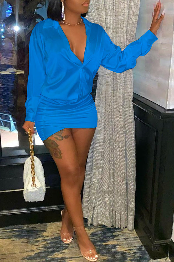 Feminine Satin Solid V-neck Shirt Mini Dress  Fashionpara