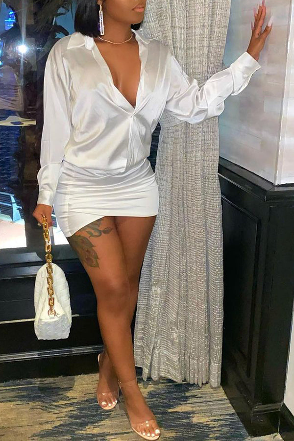 Feminine Satin Solid V-neck Shirt Mini Dress  Fashionpara