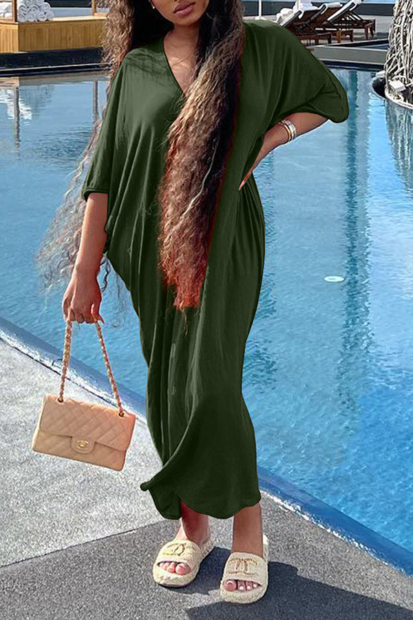 Casual Loose Half Sleeve Plain Maxi Dress  Fashionpara