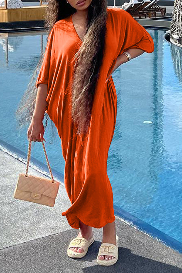 Casual Loose Half Sleeve Plain Maxi Dress  Fashionpara