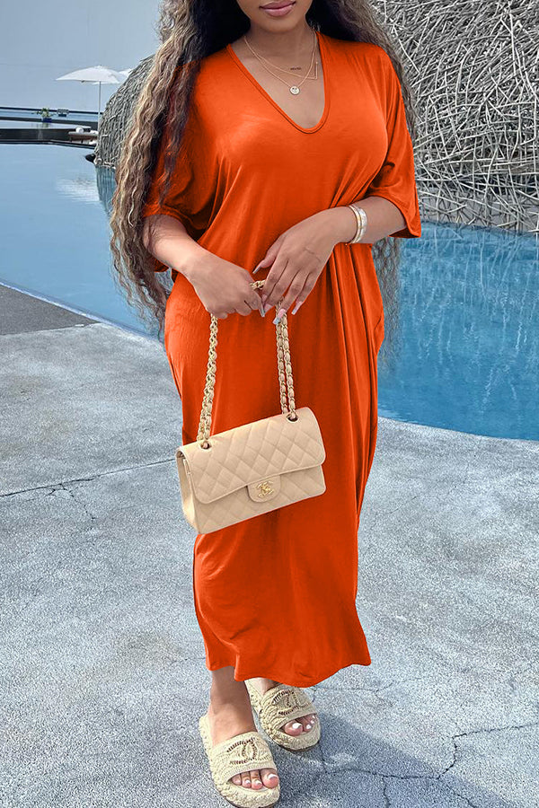 Casual Loose Half Sleeve Plain Maxi Dress  Fashionpara