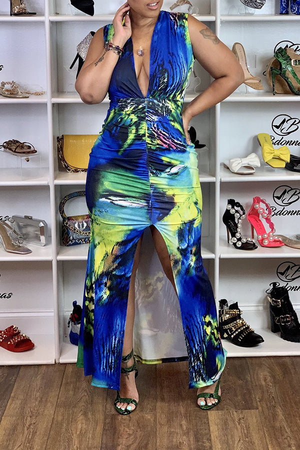 Animal Print Deep V Ruched Split Maxi Dress  Fashionpara