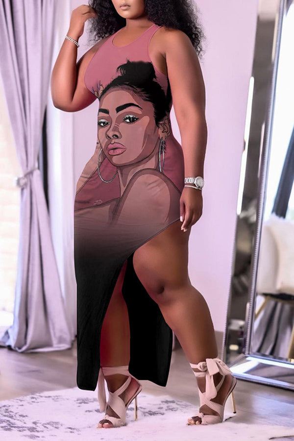 Plus Size Ombre Printed Sleeveless Split Dress  Fashionpara
