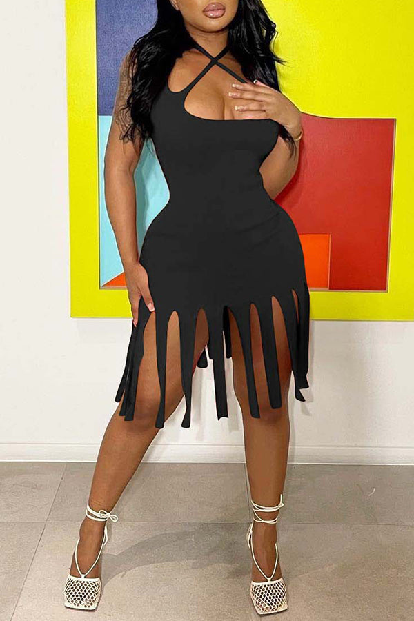 Solid Color Halter Fringe Hem Mini Dress  Fashionpara