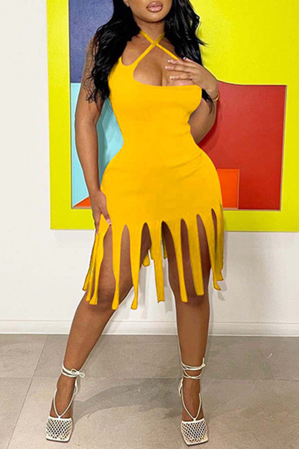 Solid Color Halter Fringe Hem Mini Dress  Fashionpara
